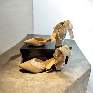 Azazie Cream Heels with Bow and Pearl Accent